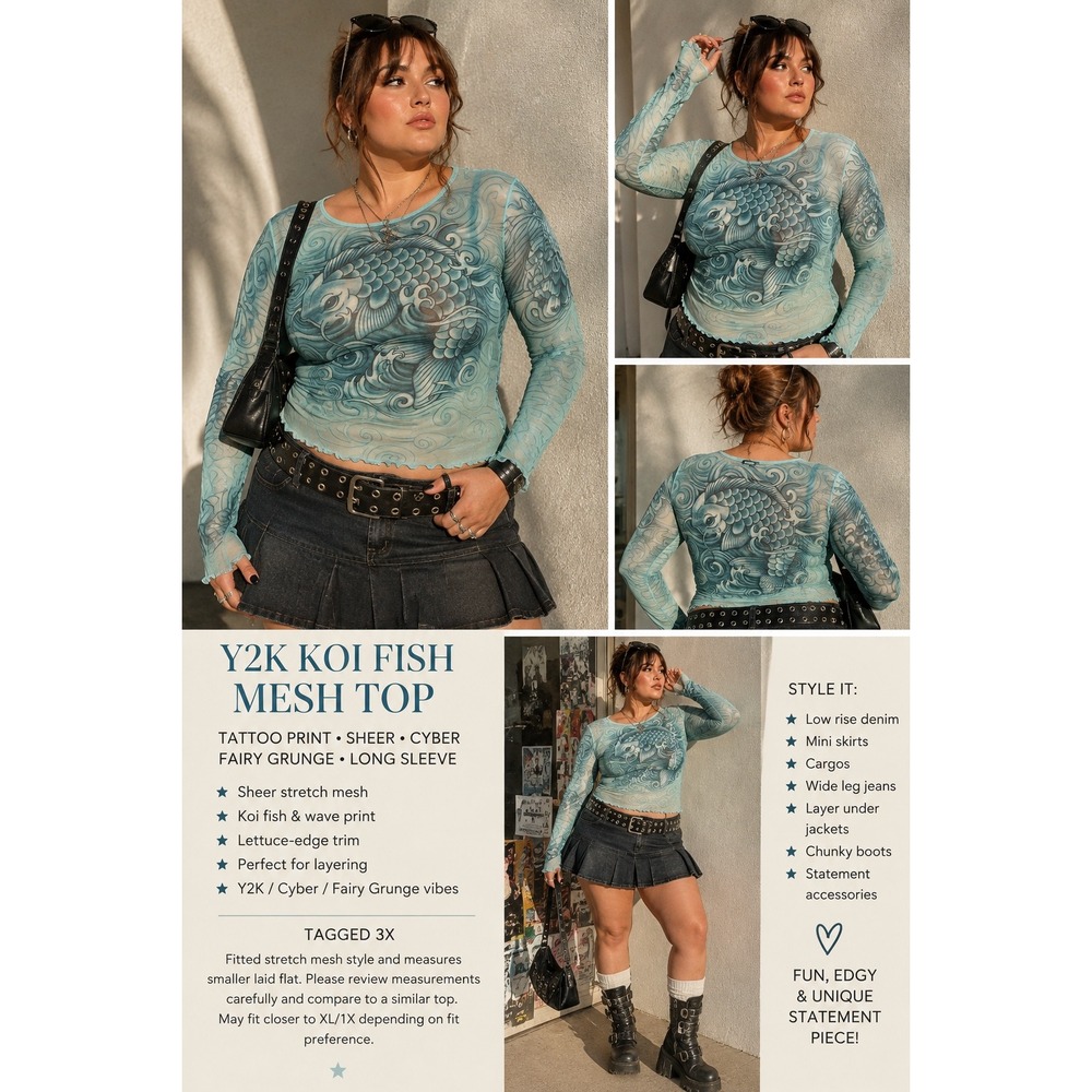 Y2K Koi Fish Mesh Top Tattoo Print Cyber Fairy Grunge Sheer Lettuce Edge